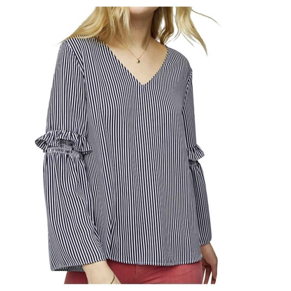 💥221 LOFT Ann Taylor Striped Ruffle Bell Sleeve Blouse
